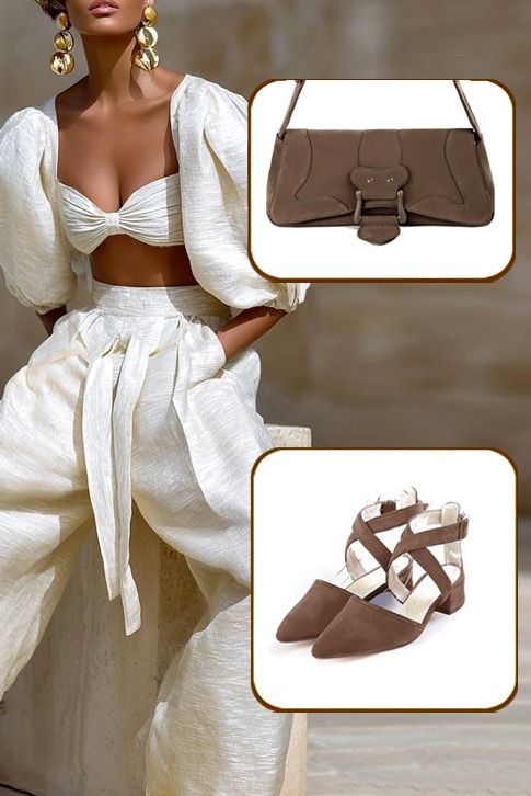 Dress closed-toe heels crossed straps in chocolate brown leather with low flare heels and tapered toe - Worn view